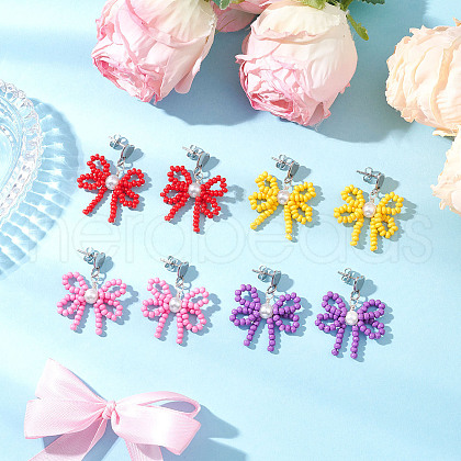 4 Pairs 4 Colors Heart with Bowknot Handmade Glass Seed Beads Dangle Stud Earrings EJEW-MZ00474-1