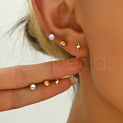 Elegant 3 Pairs Lightning Bolt & Round Stainless Steel Stud Earrings WH4454-1