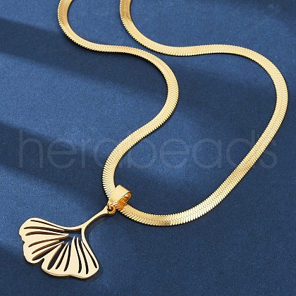 Ginkgo Leaf 304 Stainless Steel Herringbone Chains Pendant Necklaces NJEW-K253-36G-1