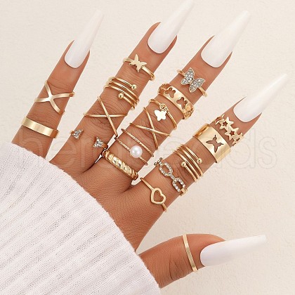 18Pcs Alloy & Plastic Pearl & Rhinestone Finger Rings WGAC171-08-1