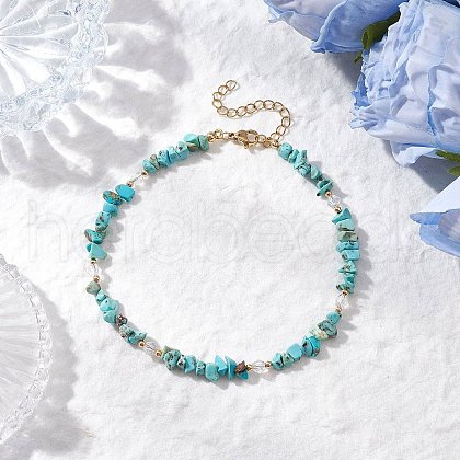 Dyed Natural Howlite Chip & Glass Beaded Anklets AJEW-AN00682-03-1