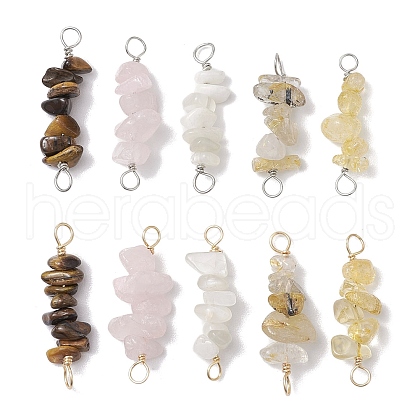 10Pcs 5 Styles Constellation Natural Citrine & Gold Rutilated Quartz & Tiger Eye & Citrine & White Moonstone Copper Wire Wrapped Chip Beaded Connector Charms PALLOY-JF02905-07-1