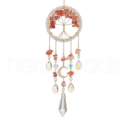 Wire Wrapped Natural Red Agate Chip Tree of Life Window Hanging Prism Ornaments HJEW-TA00283-02-1