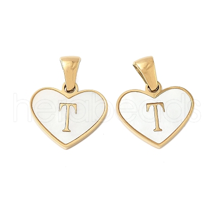 304 Stainless Steel Pave Natural White Shell Heart with Initial Slice Pendants STAS-R168-25G-T-1