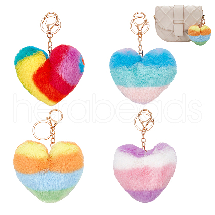 WADORN 4Pcs 4 Styles Plush Rainbow Splicing Heart Pendant Keychain KEYC-WR0001-48-1