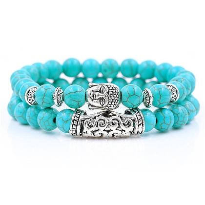 2Pcs 2 Style Natural Turquoise Stretch Bracelets Set with Alloy Buddha Head MATO-PW0001-074M-1