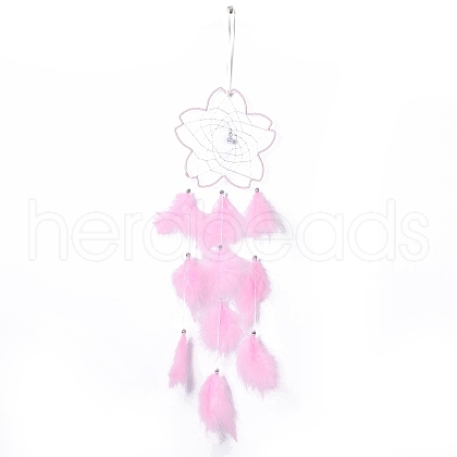 Handmade Flower Woven Net/Web with Feather Wall Hanging Decoration HJEW-A001-03A-1