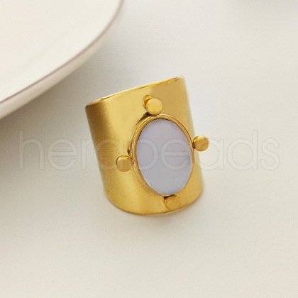 204 Stainless Steel with Natural White Jade Cuff Rings FS-WG1A4E8-09-1