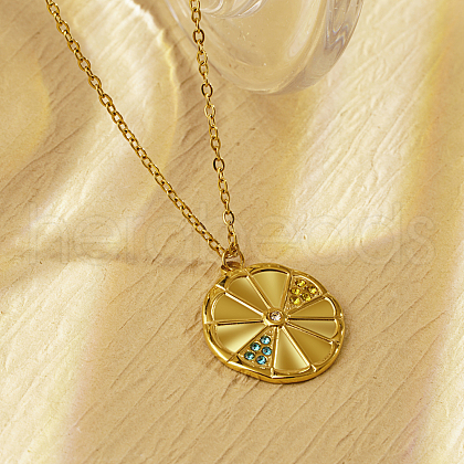 Elegant Stainless Steel Rhinestone Flat Round Orange Pendant Necklaces for Women GR8517-1-1