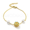 Brass with Synthetic Turquoise Flat Round Link Bracelet with Plastic Pearl Beaded BJEW-D030-05G-1