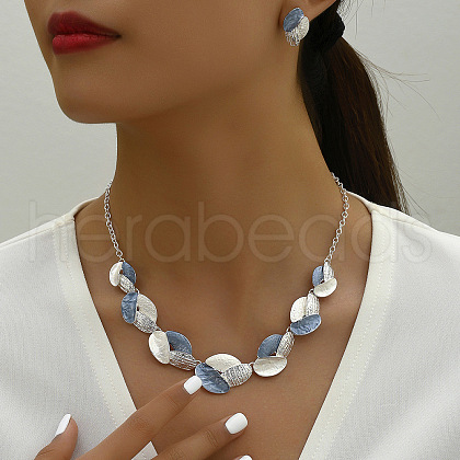 3 Tone Leaf Alloy Enamel Bib Necklace & Stud Earring FS-WG7DDB7-01-1