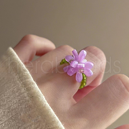 Flower Acrylic with Glass Seed Beaded Finger Rings for Women FS-WG5CC16-01-1