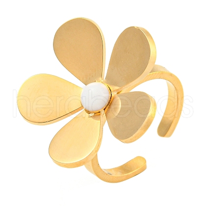 Daisy 304 Stainless Steel Enamel Open Cuff Ring for Women RJEW-Z041-01G-1
