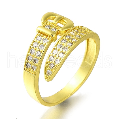 Rack Plating Belt Shape Brass Micro Pave Clear Cubic Zirconia Open Cuff Rings for Women RJEW-H232-02G-1