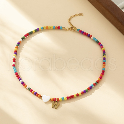 Heart Natural Shell & Colorful Glass Seed Round Beaded Necklaces FS-WGE10D5-22-1