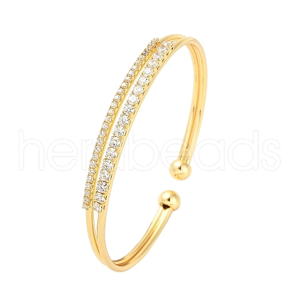 Brass Micro Pave Clear Cubic Zirconia 2-Line Open Cuff Bangles for Women BJEW-M312-12G-1