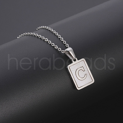 Rectangle Stainless Steel Pave Natural White Shell Pendant Necklaces FS-WG3D812-03-1
