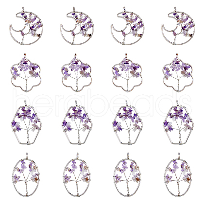 DICOSMETIC 8Pcs 4 Styles Flower & Moon & Oval & Hexagon Natural Amethyst Copper Wire Wrapped Chip Big Pendants G-DC0001-26-1