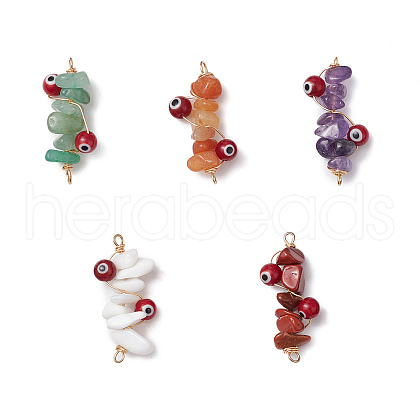 5Pcs 5 Styles Natural Red Aventurine & Natural Green Aventurine & Natural Red Jasper & Natural Amethyst & Glass Chip Copper Wire Wrapped Handmade Lampwork Red Evil Eye Connector Charms PALLOY-JF02977-01-1