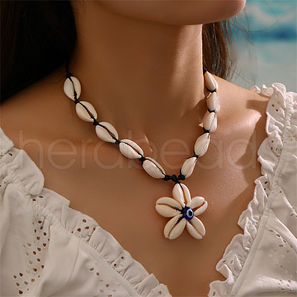Summer Beach Natural Cowrie Shell Flower with Blue Resin Evil Eye Pendant Adjustable Necklaces for Women FS-WG177B0-01-1