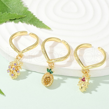 Fruit Theme Brass Micro Pave Cubic Zirconia Open Cuff Rings for Women RJEW-U057-07G-1