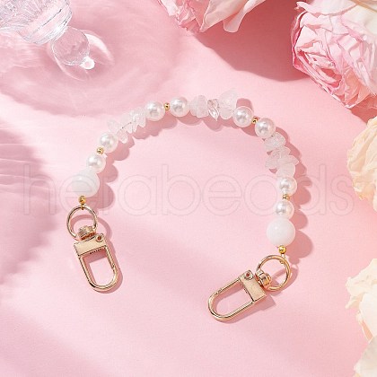 Natural Quartz Crystal Chip & Round ABS Plastic Imitation Pearl Bag Extension Chains AJEW-BA00147-02-1