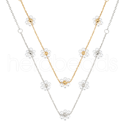 ANATTASOUL 2Pcs 2 Color Imitation Pearl Flower Pendant Necklaces Set with Brass Chains for Women NJEW-AN0001-89-1