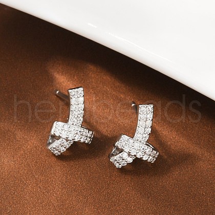 knot Brass Micro Pave Clear Cubic Zirconia Stud Earrings EJEW-F895-16P-1