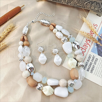Wood Beaded Double Layer Necklaces & Dangle Earrings Sets FS-WGB5610-20-1