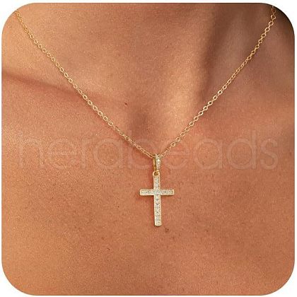 Cross Stainless Steel Micro Pave Clear Cubic Zirconia Pendant Necklaces FS-WG7D720-03-1