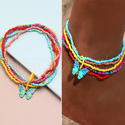 Bohemian Resin & Glass Seed Beaded Stretch Multi-Layered Anklet Sets WG187EB-04-1