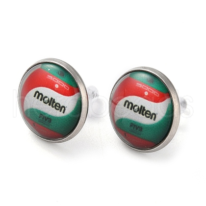 Sport Balls Glass & 304 Stainless Steel Stud Earrings for Women EJEW-H005-01P-08-1