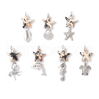 7Pcs 7 Styles Dyed Synthetic Turquoise Starfish & Alloy Sea Animals Pendants PALLOY-JF03754-06-1
