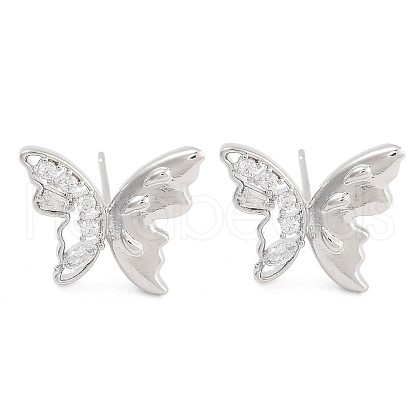 Butterfly Brass Pave Clear Cubic Zirconia Stud Earrings for Women EJEW-S216-03P-1