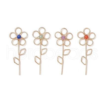 4Pcs 4 Styles Natural Red Agate & Lapis Lazuli & Amethyst & Green Aventurine Faceted Round Bead Copper Wire Wrapped Flower Pendants PALLOY-TA00246-1