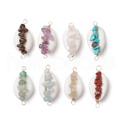 8Pcs 8 Styles Natural Rose Quartz & Tiger Eye & Howlite & Green Aventurine & Gold Rutilated Quartz  & Amethyst & Red Jasper & Aquamarine Copper Wire Wrapped Natural Cowrie Shell Connector Charms PALLOY-JF03493-1