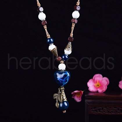 Alloy & Porcelain Heart Tassel Pendant Wood Beaded Necklaces for Women FS-WG30076-02-1