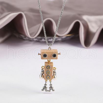 Alloy & Wood Robot Pendant Necklaces FS-WGB43E5-07-1