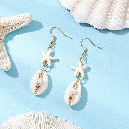 Star with Shell Shape Synthetic Turquoise Beads Dangle Earrings EJEW-JE06398-02-1