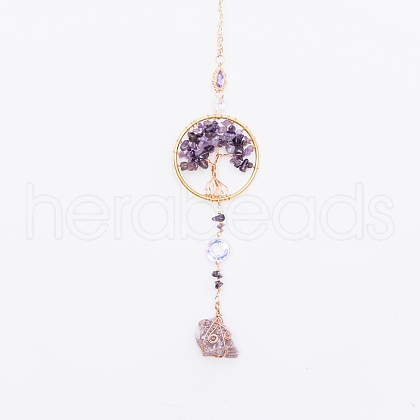 Natural Amethyst Flat Round with Tree of Life Pendant Decorations TREE-PW0002-23-1