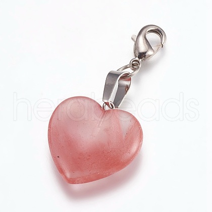 Heart Cherry Quartz Glass Pendant Decorations HJEW-PH01132-09-1