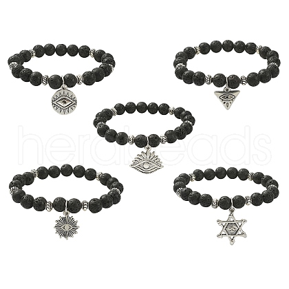 Natural Lava Rock Beaded Stretch Bracelet with Alloy Charms BJEW-JB09477-1