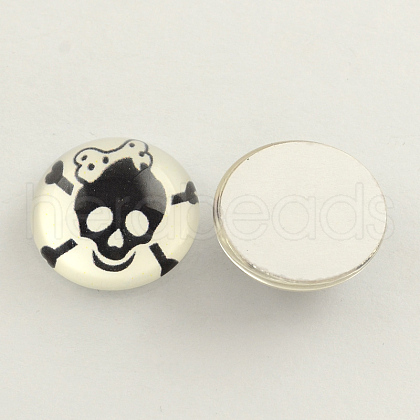 Skull and Crossbones Pattern Printed Glass Half Round Cabochons GGLA-Q032-25mm-02E-1