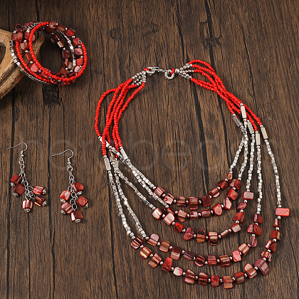 Alloy & Natural Shell & Glass Seed Beaded Multilayer Necklaces & Dangle Earrings & Bangles Sets WGCEEFD-02-1