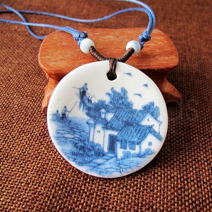 Ethnic Style Porcelain Pendant Adjustable Cord Necklaces for Women FS-WG62D6C-04-1