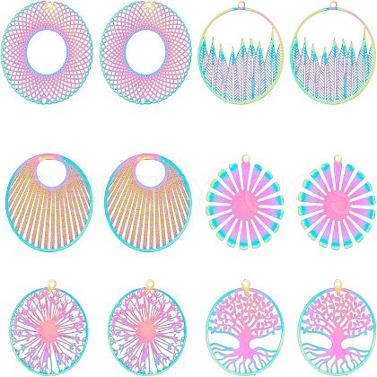Unicraftale 24Pcs 6 Style Ion Plating(IP) 201 Stainless Steel Filigree Pendants STAS-UN0033-12-1