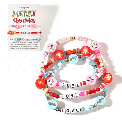 3Pcs Christmas Theme Handmade Polymer Clay & Glass Bicone Beads Stretch Bracelet Sets QY3550-9-1