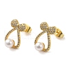 Bowknot Brass Micro Pave Clear Cubic Zirconia Stud Earrings EJEW-A040-01G-1