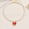 Round Shell Pearl Beaded Brass Red Enamel Heart Pendant Necklaces for Women VQ1969-1-3