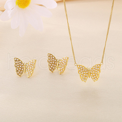 Butterfly 304 Stainless Steel with Shell Pearl Pendant Necklaces & Stud Earrings Sets FS-WGE2DA4-01-1